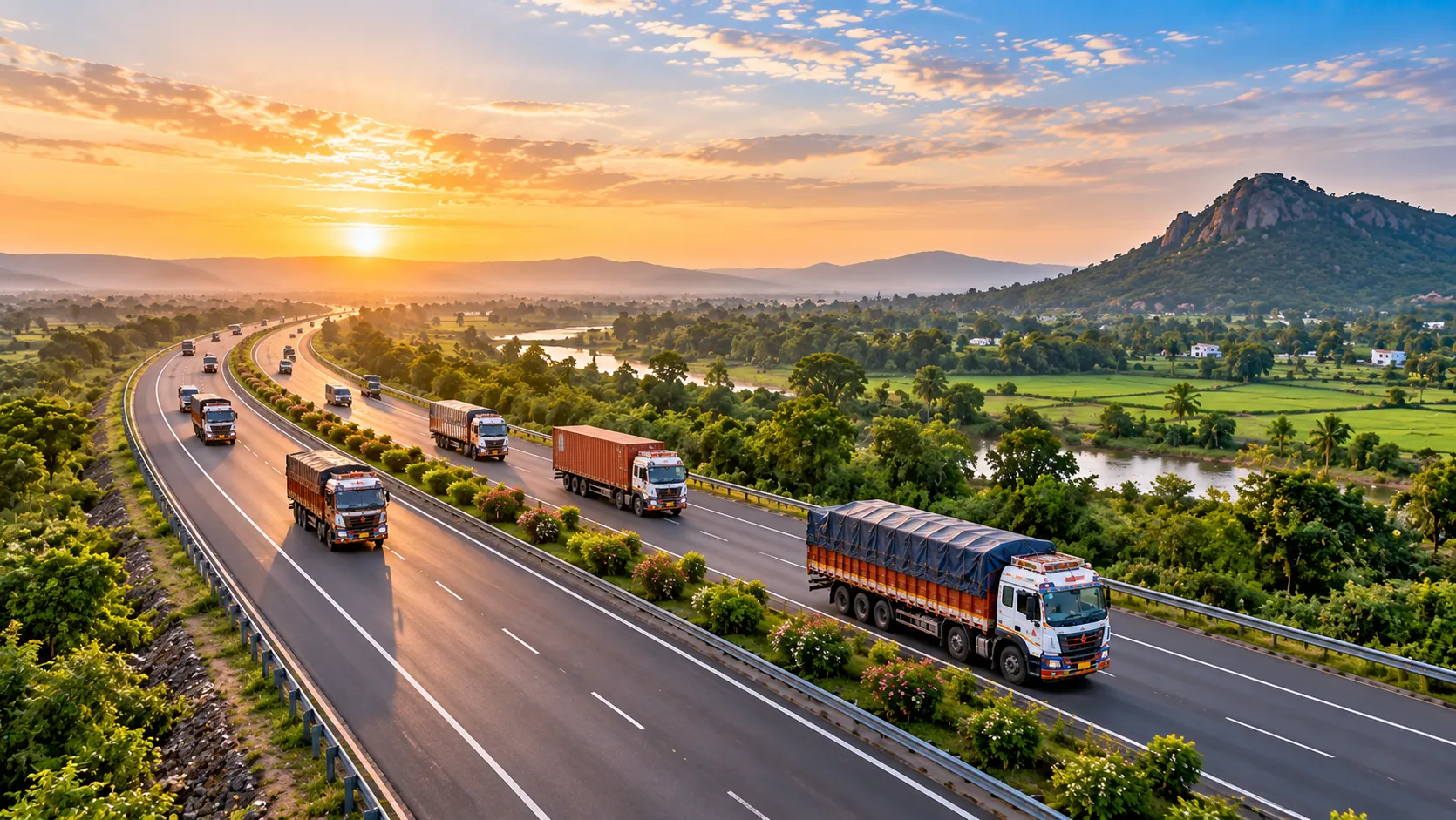 Cargo trucks moving along an Indian highway network