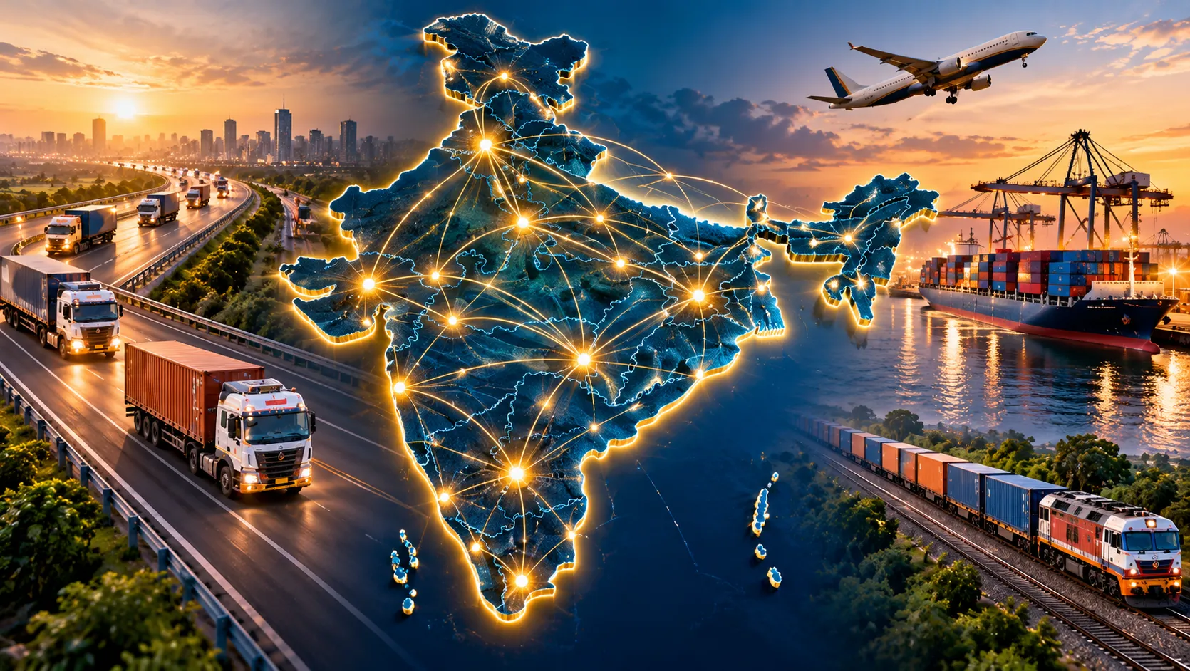 India logistics network map with trucks on highways